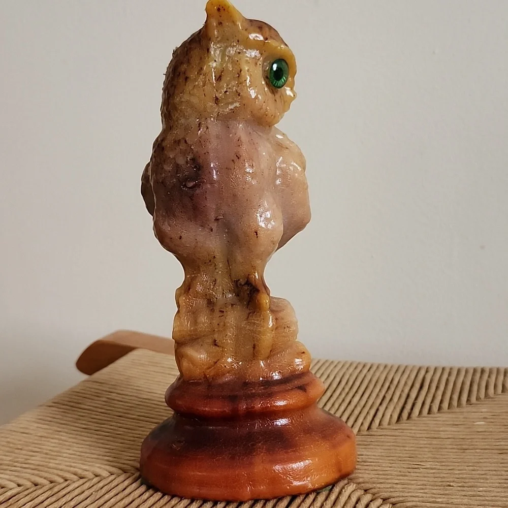 Owl Shaped Candle - Brown and Cream Green Eyes 1970s